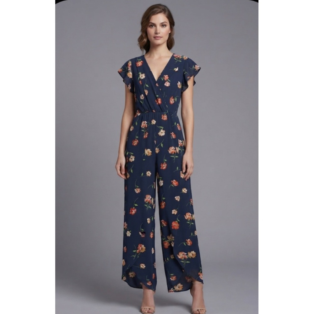 Dream of Me Navy Blue Floral Flutter Sleeve Tulip Leg Jumpsuit XL JD-50178-LUCY
